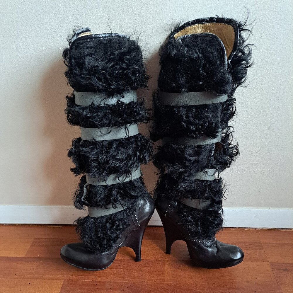 Roberto Cavalli Real Fur Leather Boots with Buckles Size 37 - Picture 3 of 16